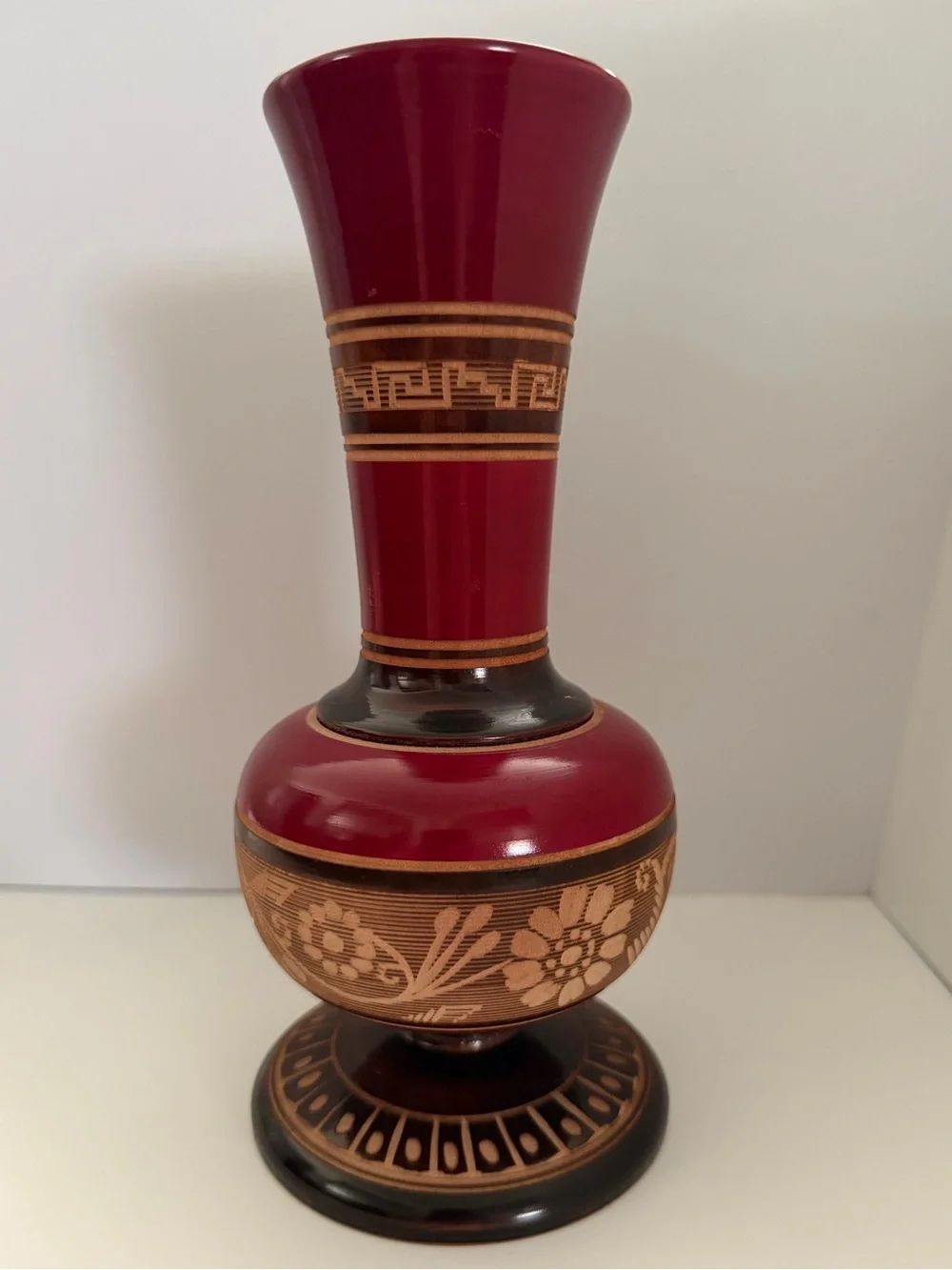 Mexican Vintage Red Hand Carved Wooden Decorative Floral Accent Vase